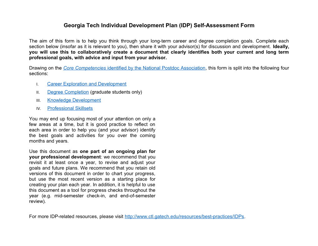 Georgia Tech Individual Development Plan (IDP) Self-Assessment Form