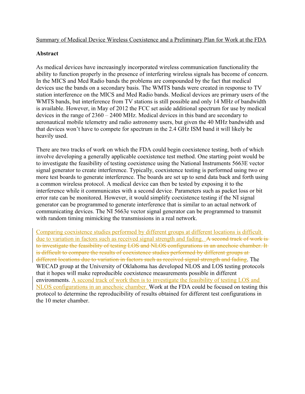 Summary of Medical Device Wireless Coexistence and a Preliminary Plan for Work at the FDA