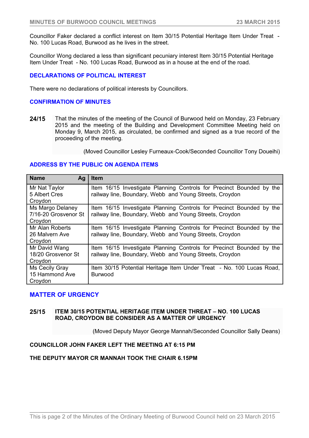 Pro-Forma Minutes of Burwood Council Meetings - 23 March 2015