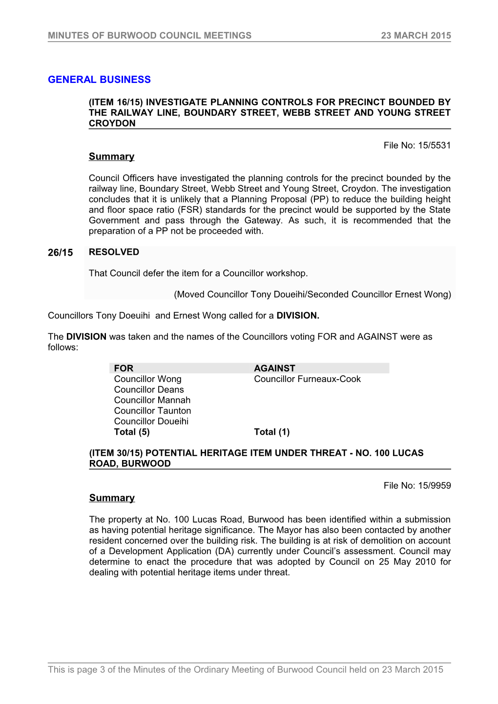 Pro-Forma Minutes of Burwood Council Meetings - 23 March 2015
