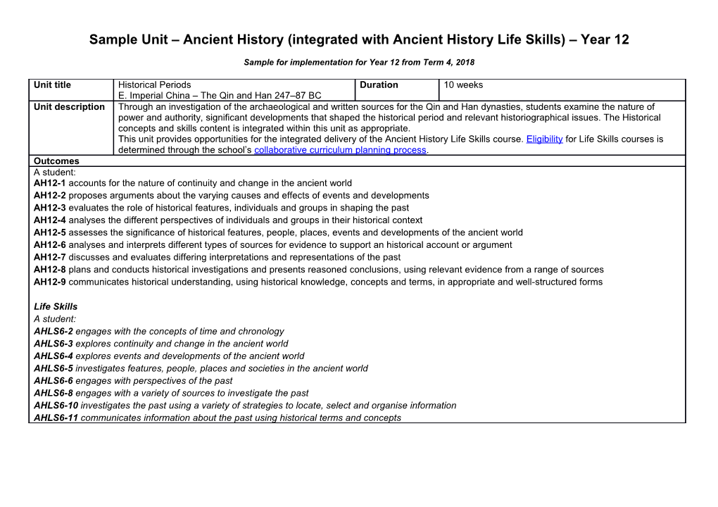 Sample Unit Ancient History(Integrated with Ancient History Life Skills) Year 12