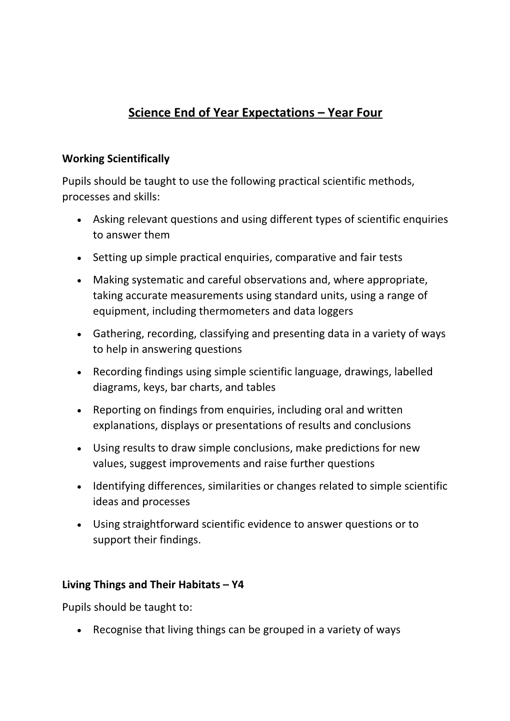 Science End of Year Expectations Year Four