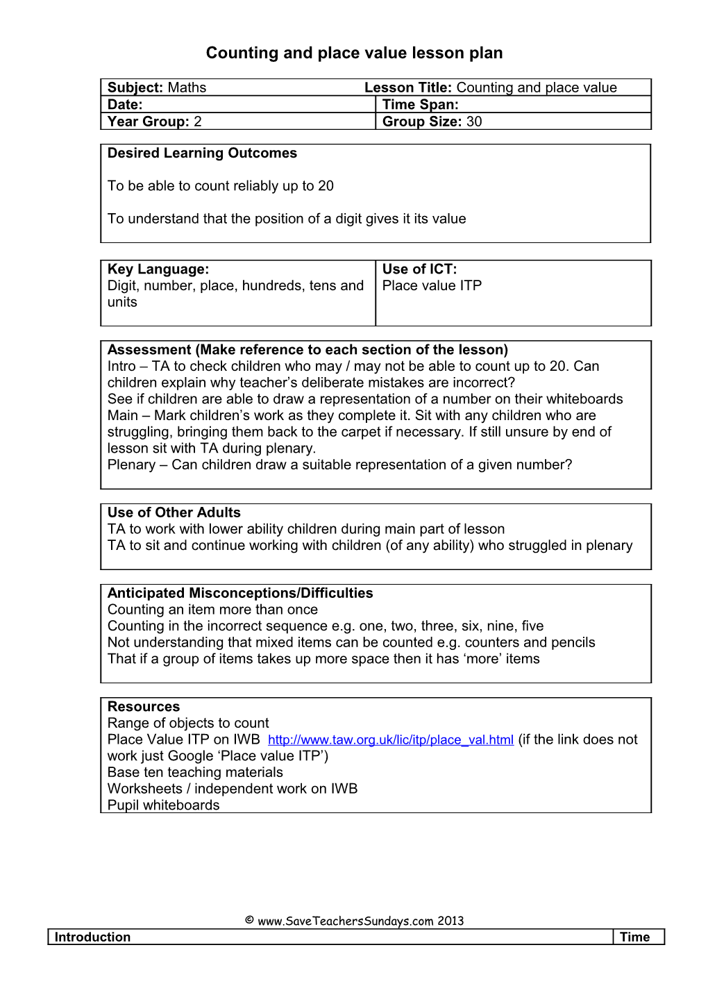 Counting and Place Value Lesson Plan