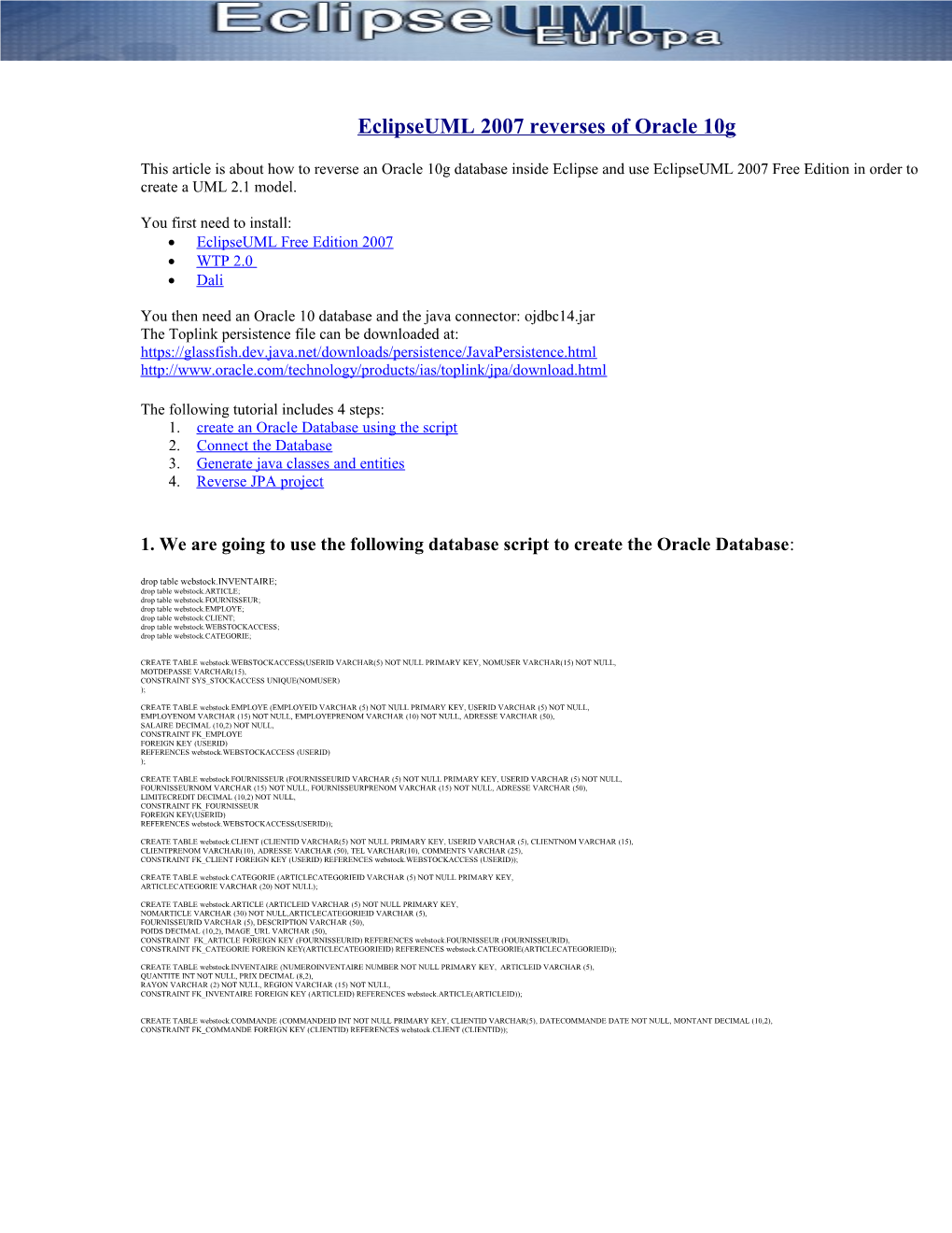 Eclipseuml 2007 Reverse of Oracle 10G