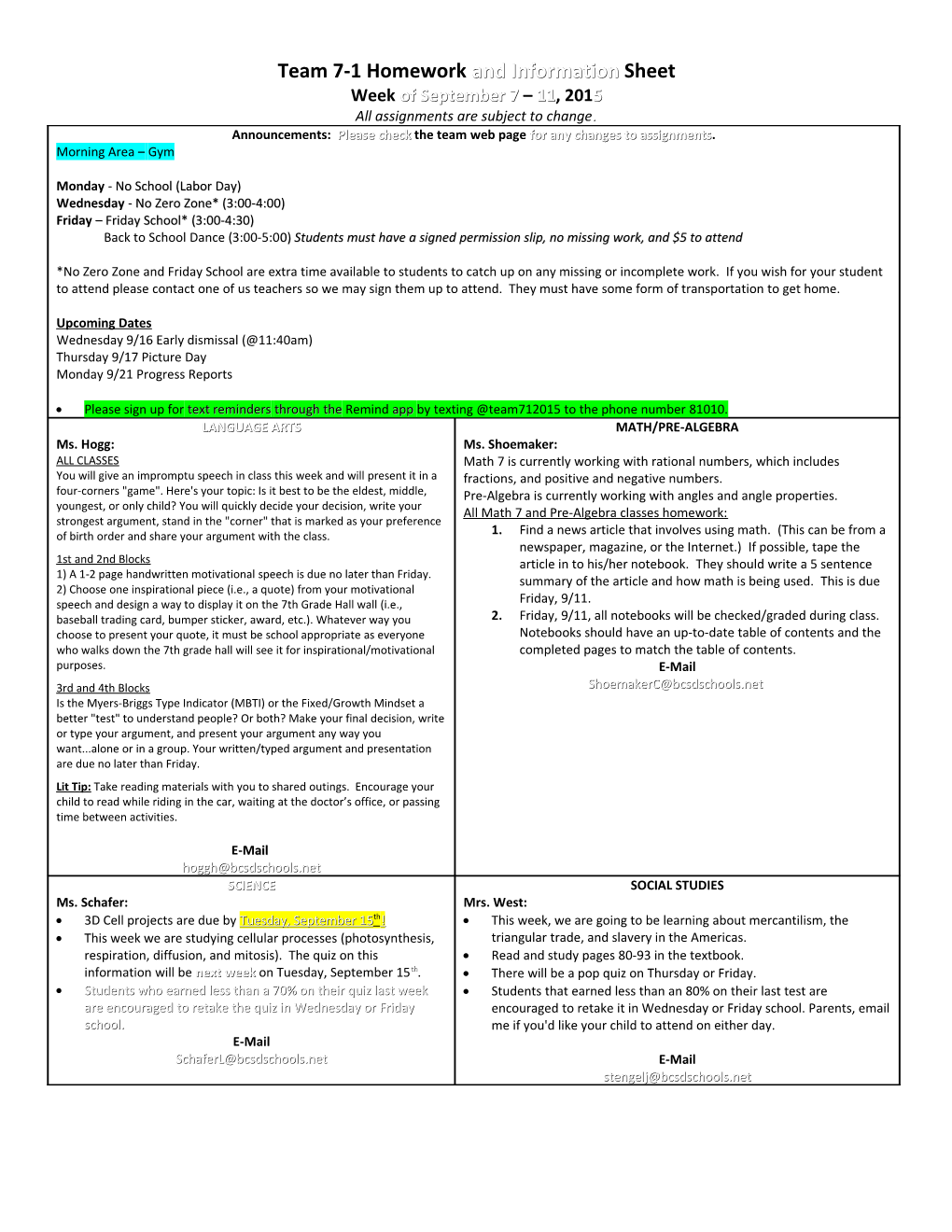 Team 7-1 Homework and Information Sheet