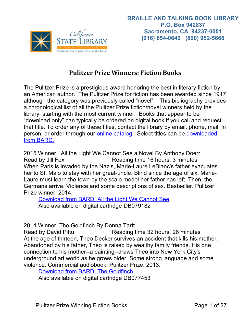 Pulitzer Prize Winners: Fiction Books