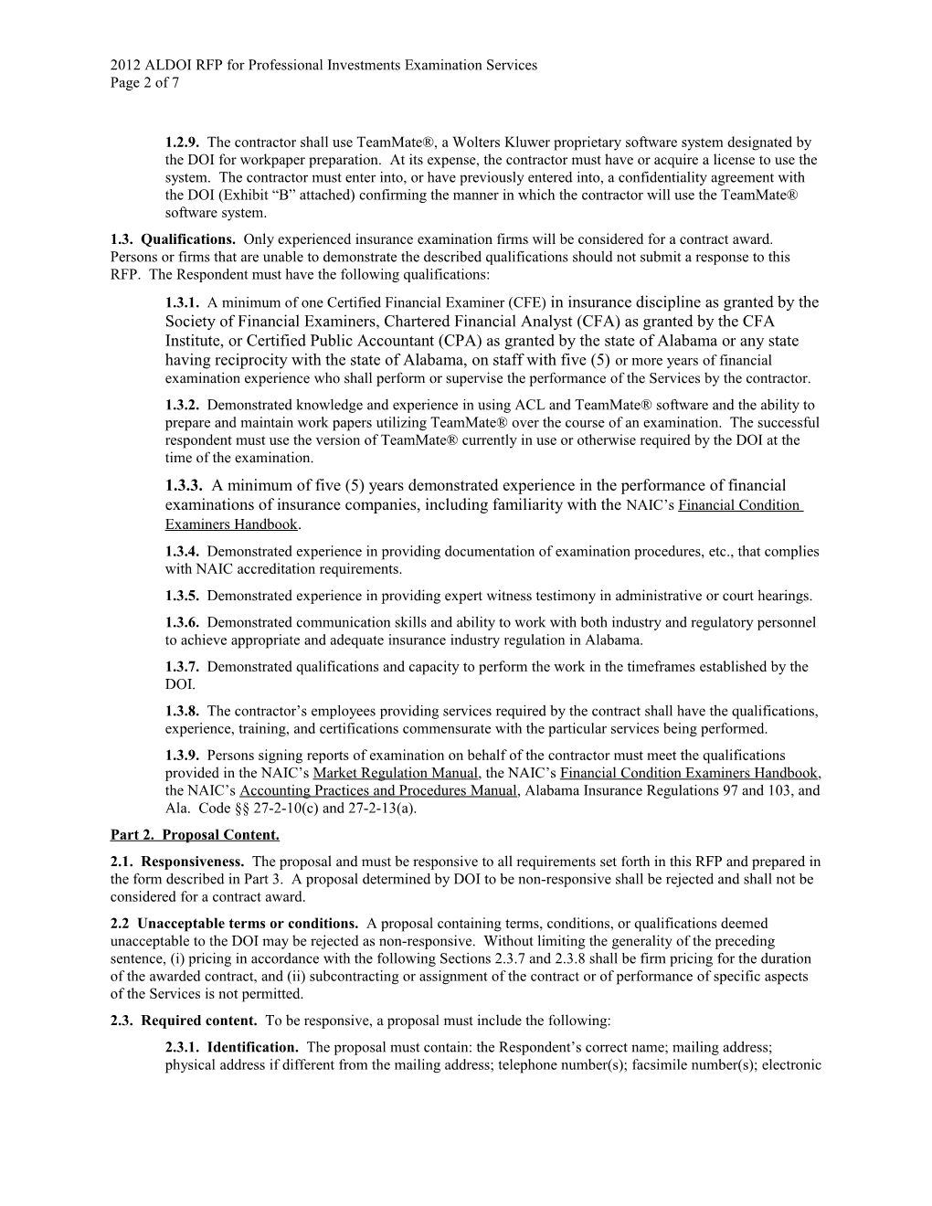 2012 ALDOI RFP for Professional Investments Examination Services