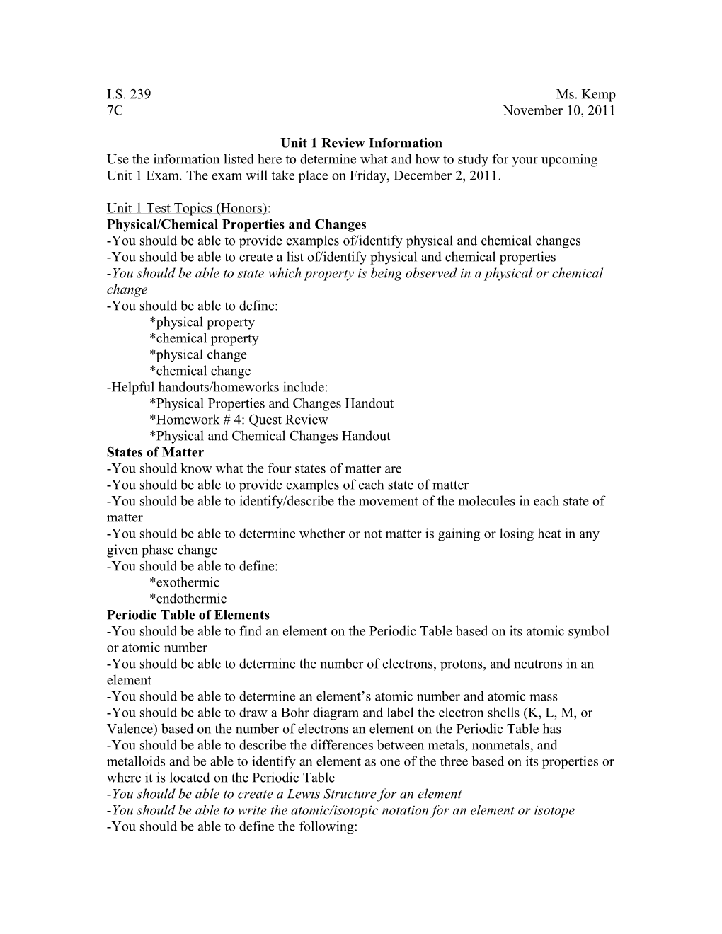 Unit 1 Test Topics (Regular)