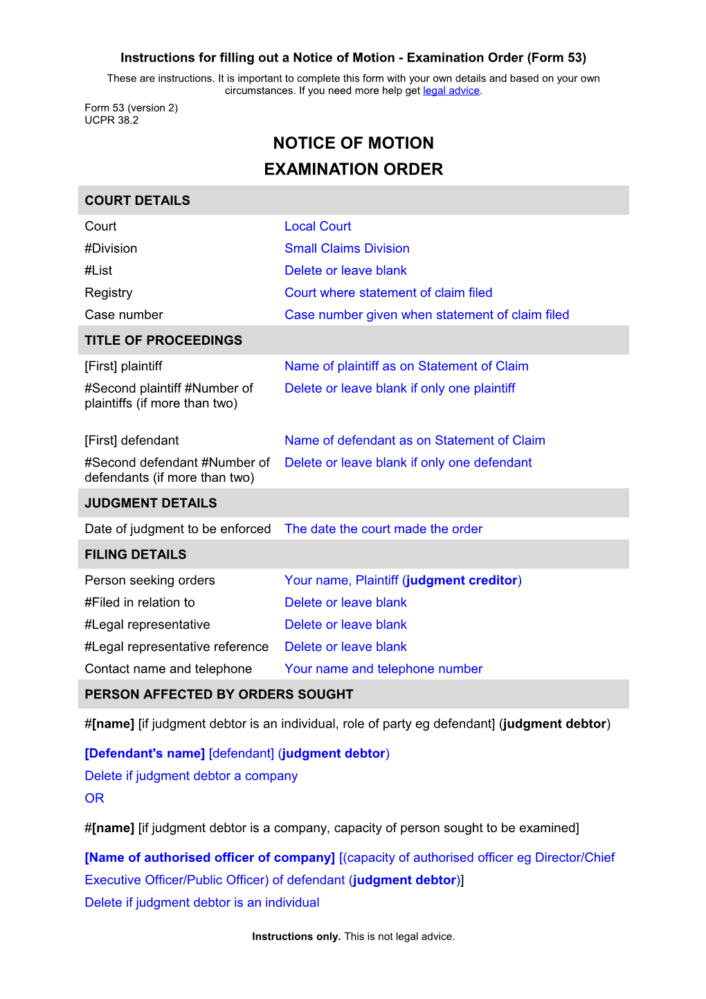 NSW UCPR Form 53 - Notice of Motion Examination Order