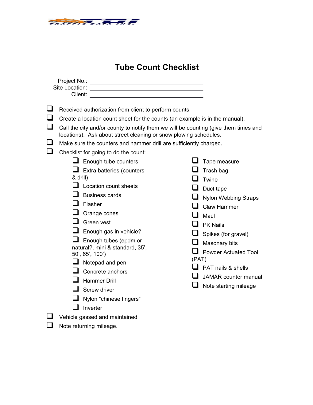 Tube Count Checklist