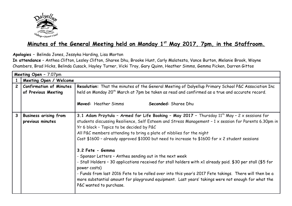 Minutes of the General Meeting Held on Monday 1St May 2017, 7Pm, in the Staffroom