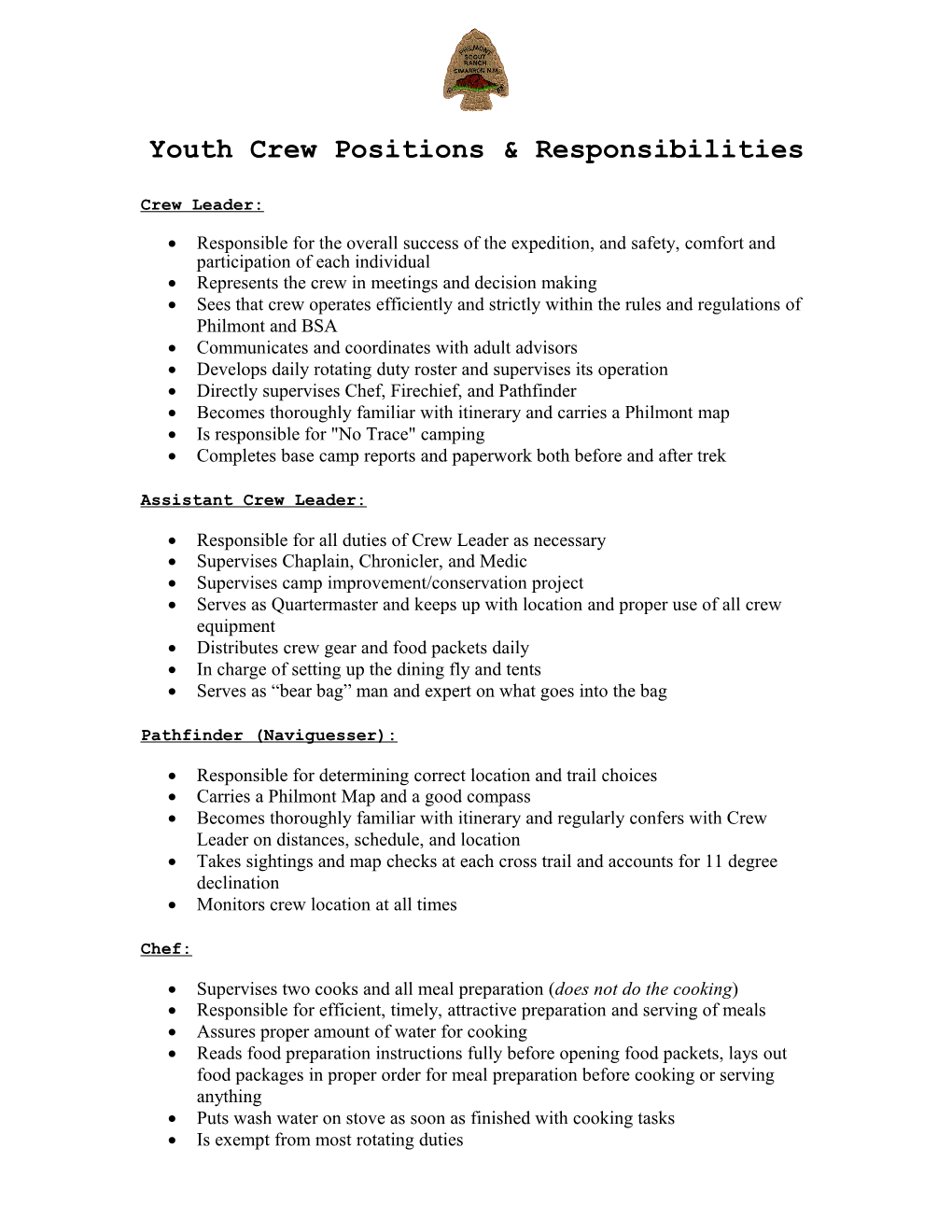 Youth Crew Positions & Responsibilities