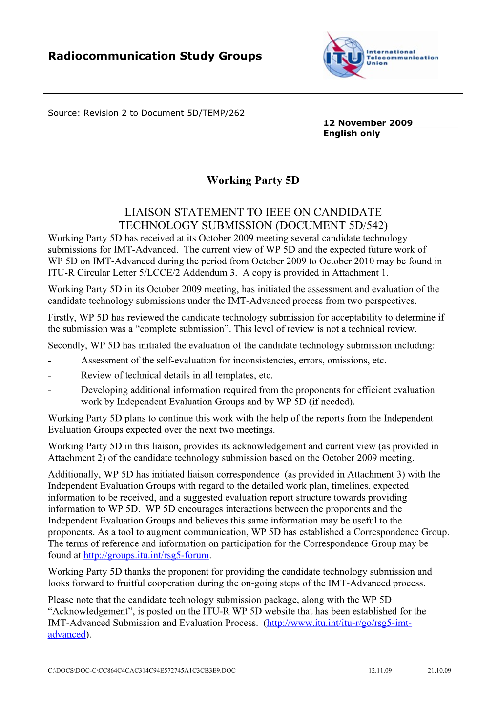 Draft Liaison Statement to Ieee on Candidate Technology Submission (Document 5D/542)