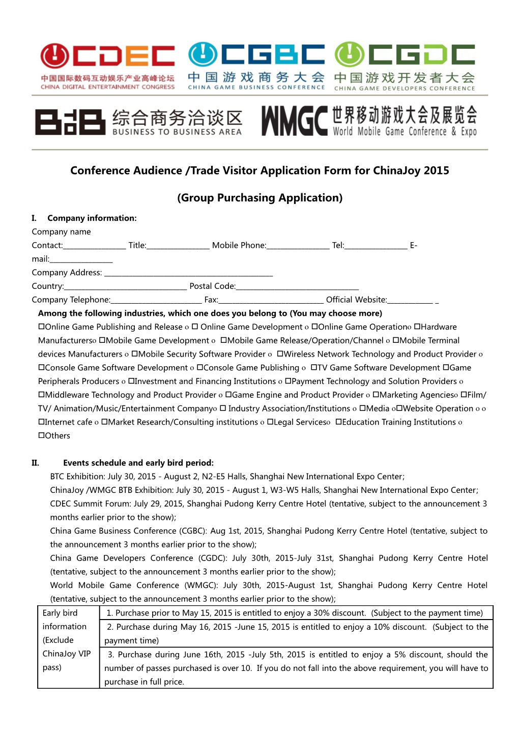 Conference Audience/Trade Visitor Application Form for Chinajoy 2015