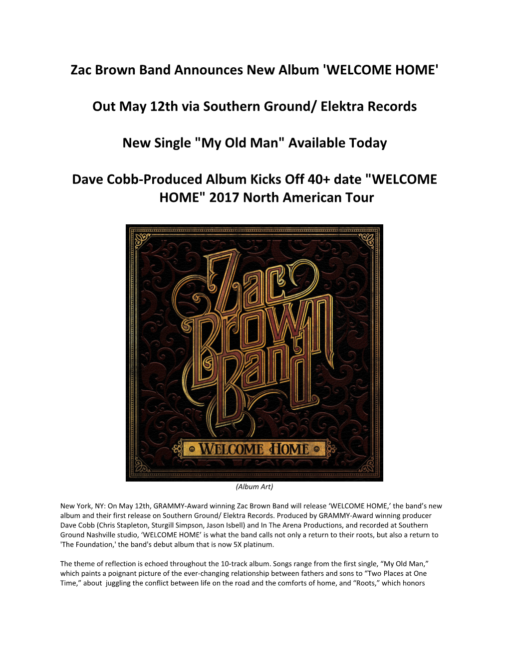 Zac Brown Band Announces New Album 'WELCOME HOME'