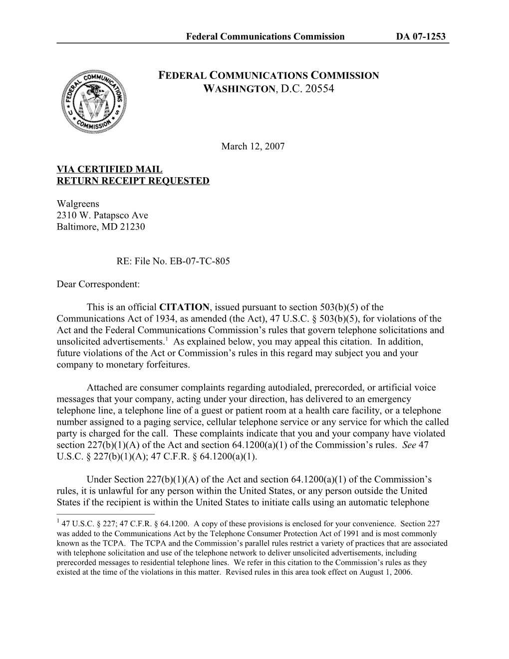 Federal Communications Commission DA 07-1253