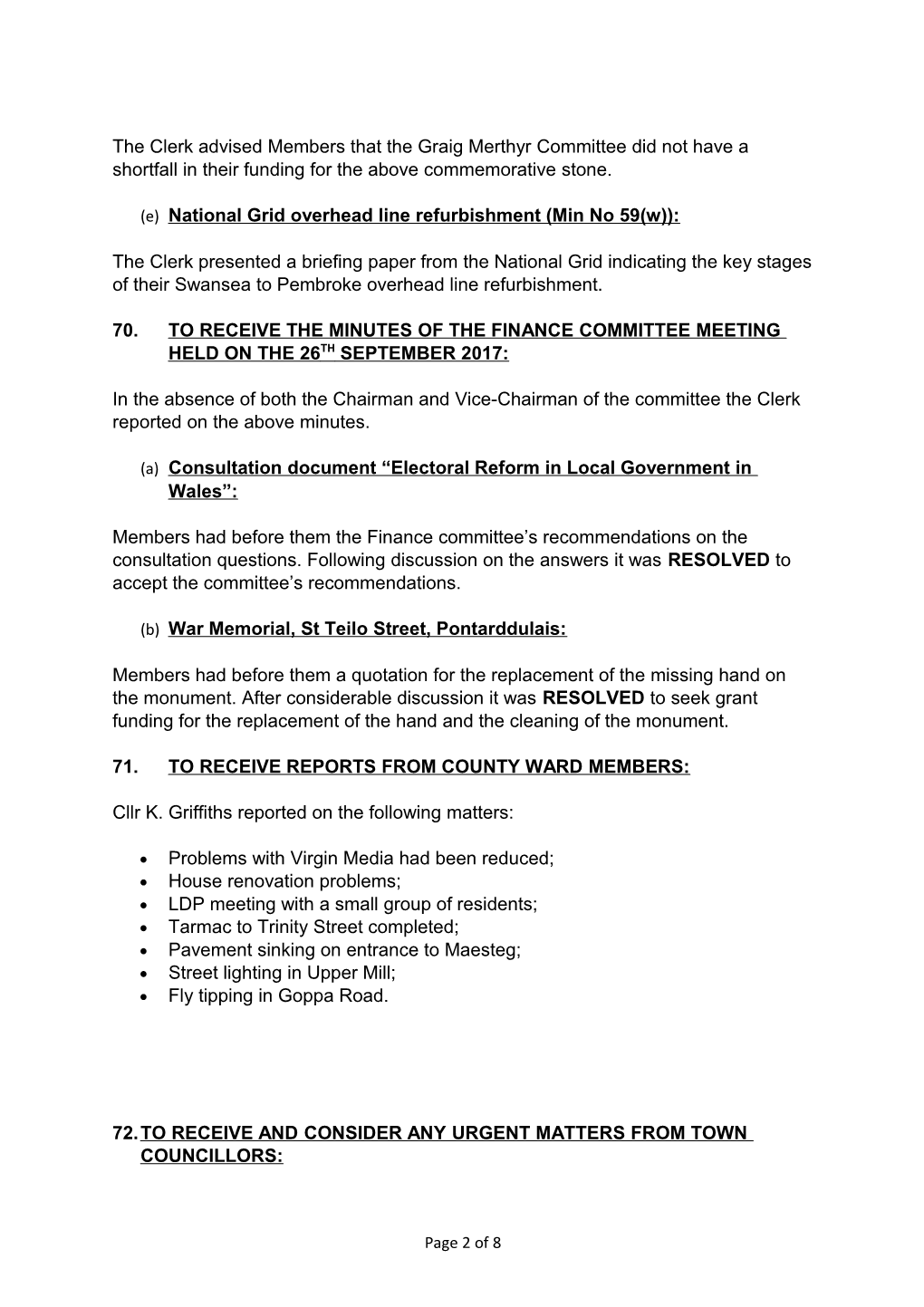 Minutes of the Pontarddulais Town Council Meeting Held on the 5Th October 2017