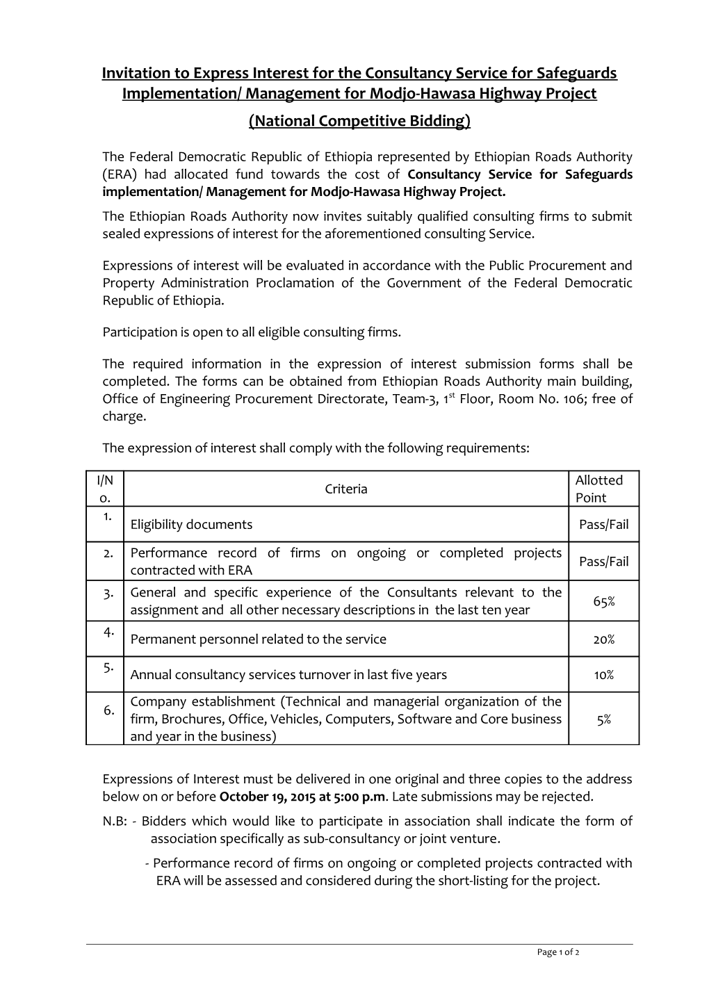 Invitation to Express Interest in Consultancy Services of Road Projects (International