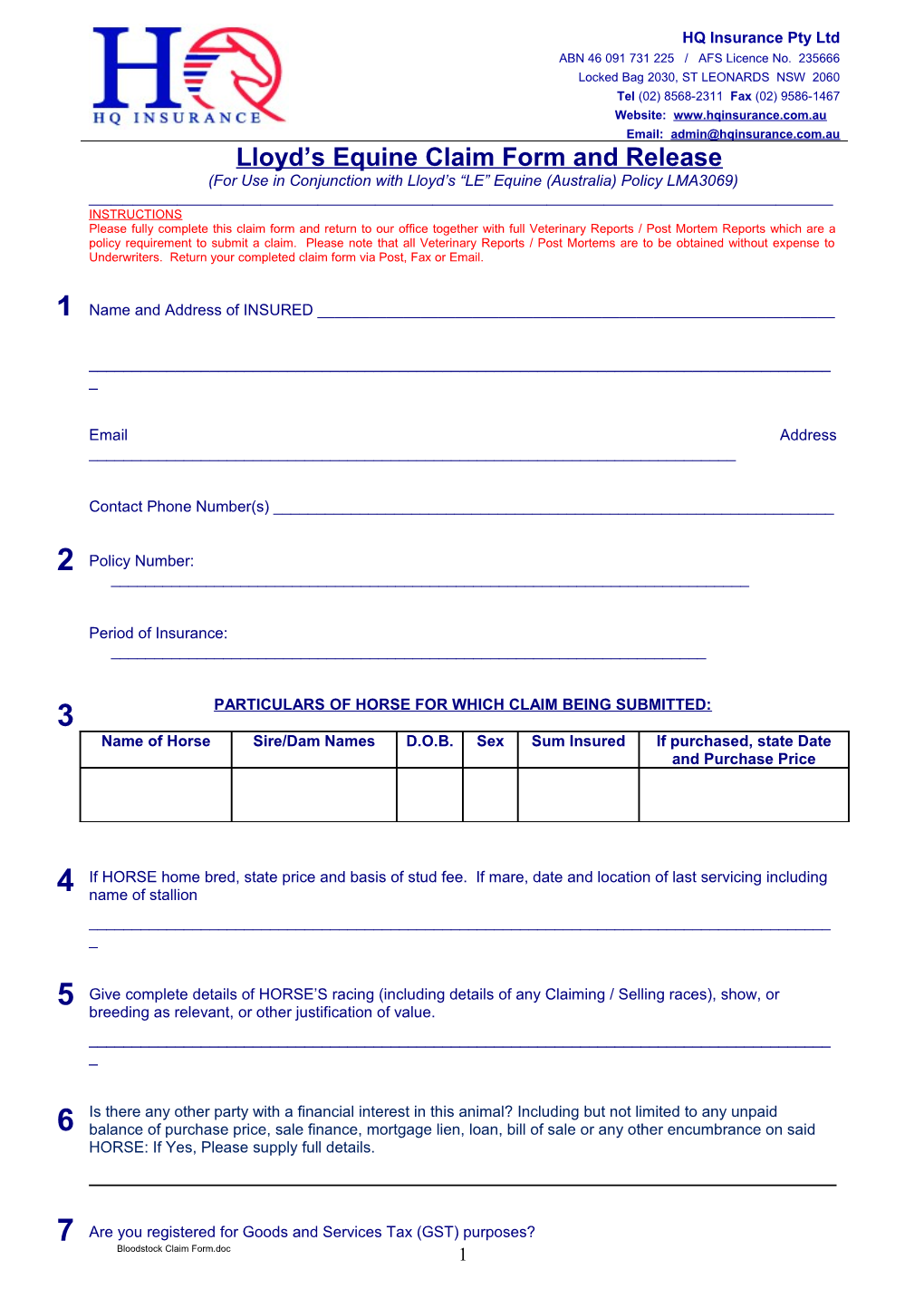 Lloyd S Equine Claim Form and Release