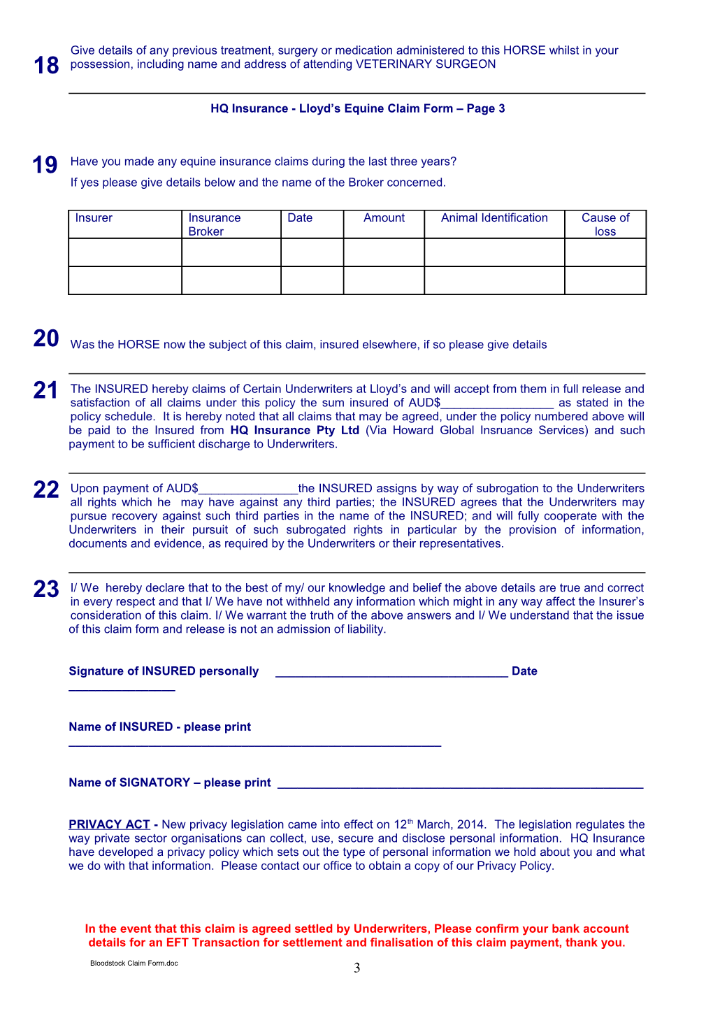 Lloyd S Equine Claim Form and Release