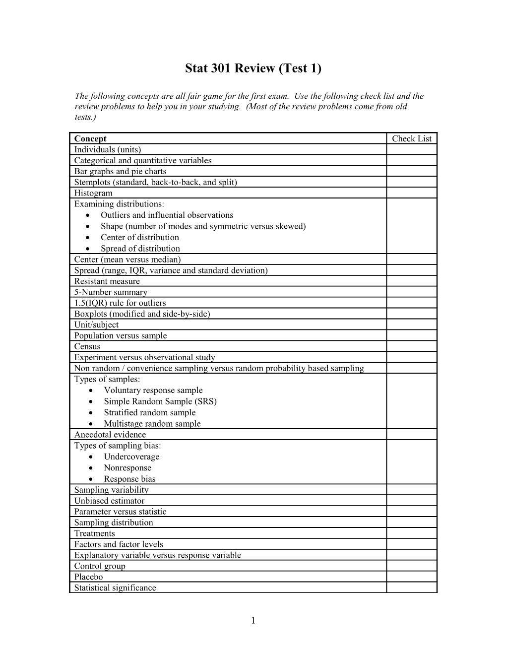 Stat 301 Review (Test 1)