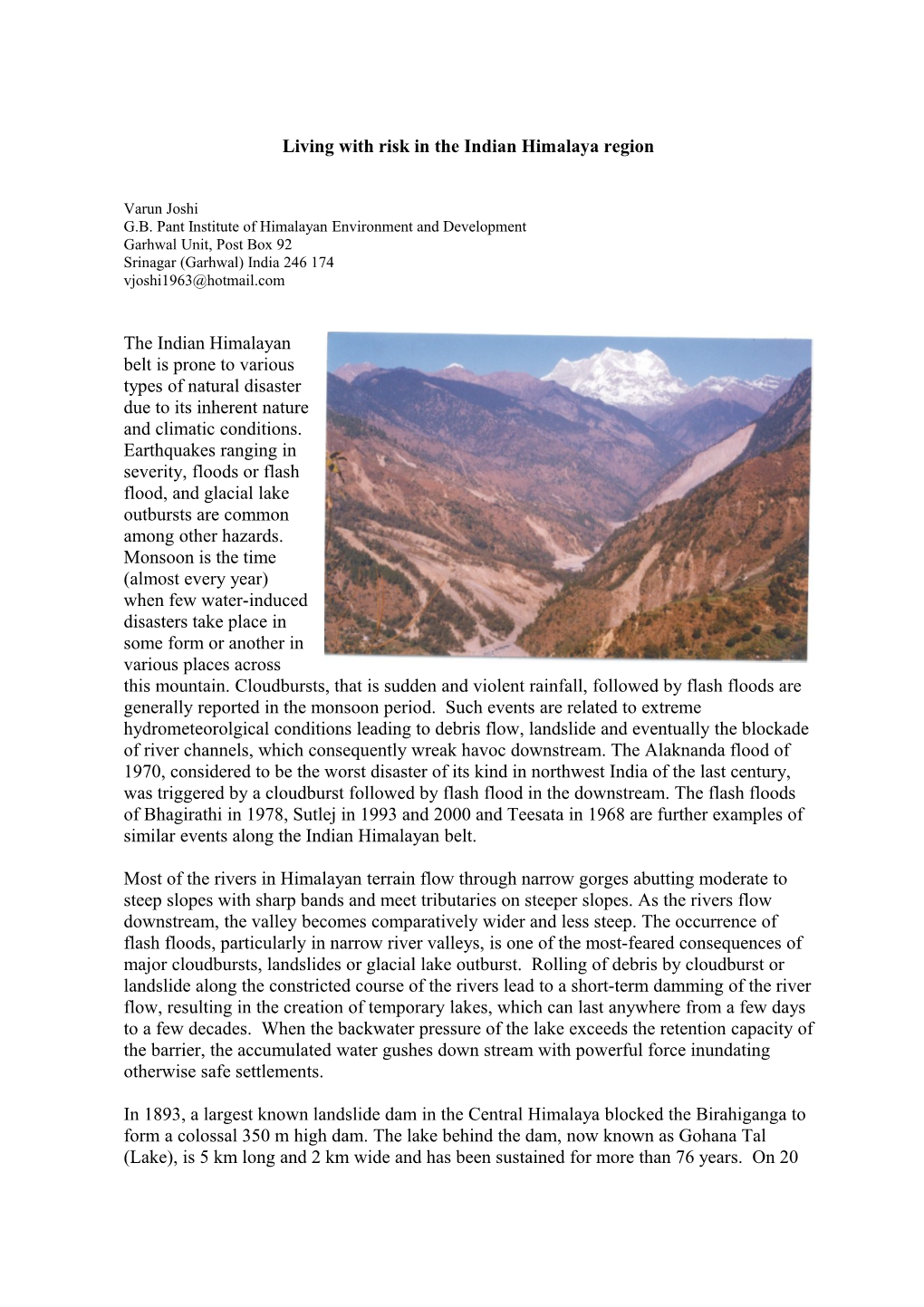 Flash Floods: Causes, Consequences and Its Management in Indian Himalaya with Special Reference