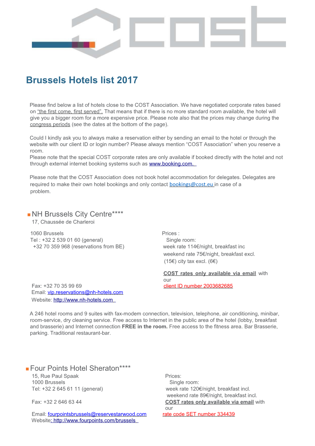 Brussels Hotels List 2017