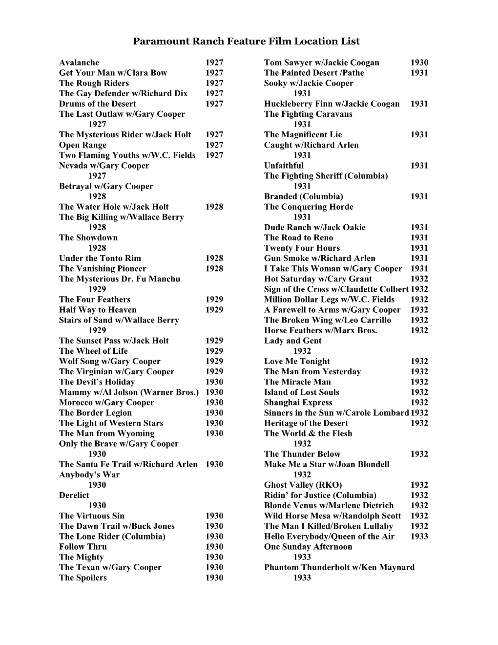 Paramount Ranch Film List