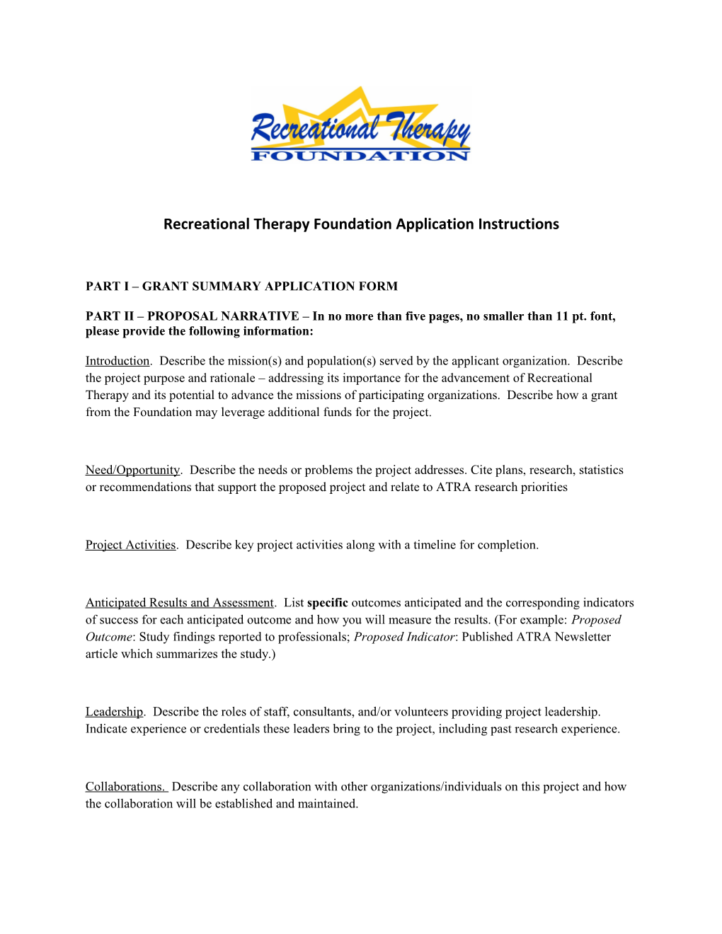 Recreational Therapy Foundation Application