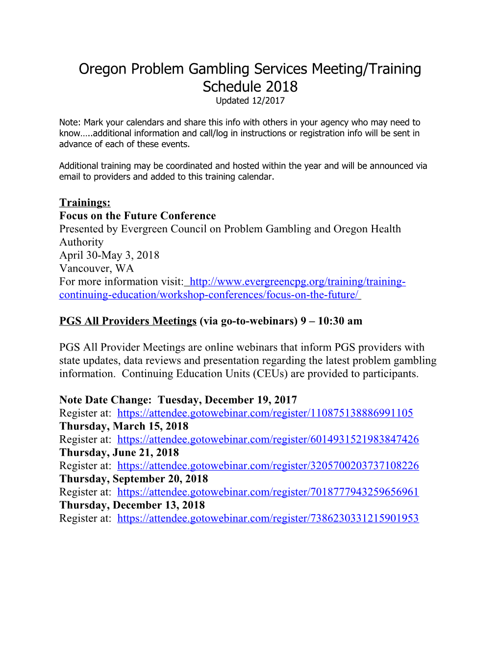 Oregon Problem Gambling Services Meeting/Training Schedule 2018