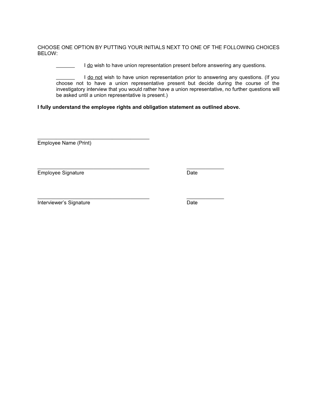 Employee Rights and Obligation Statement