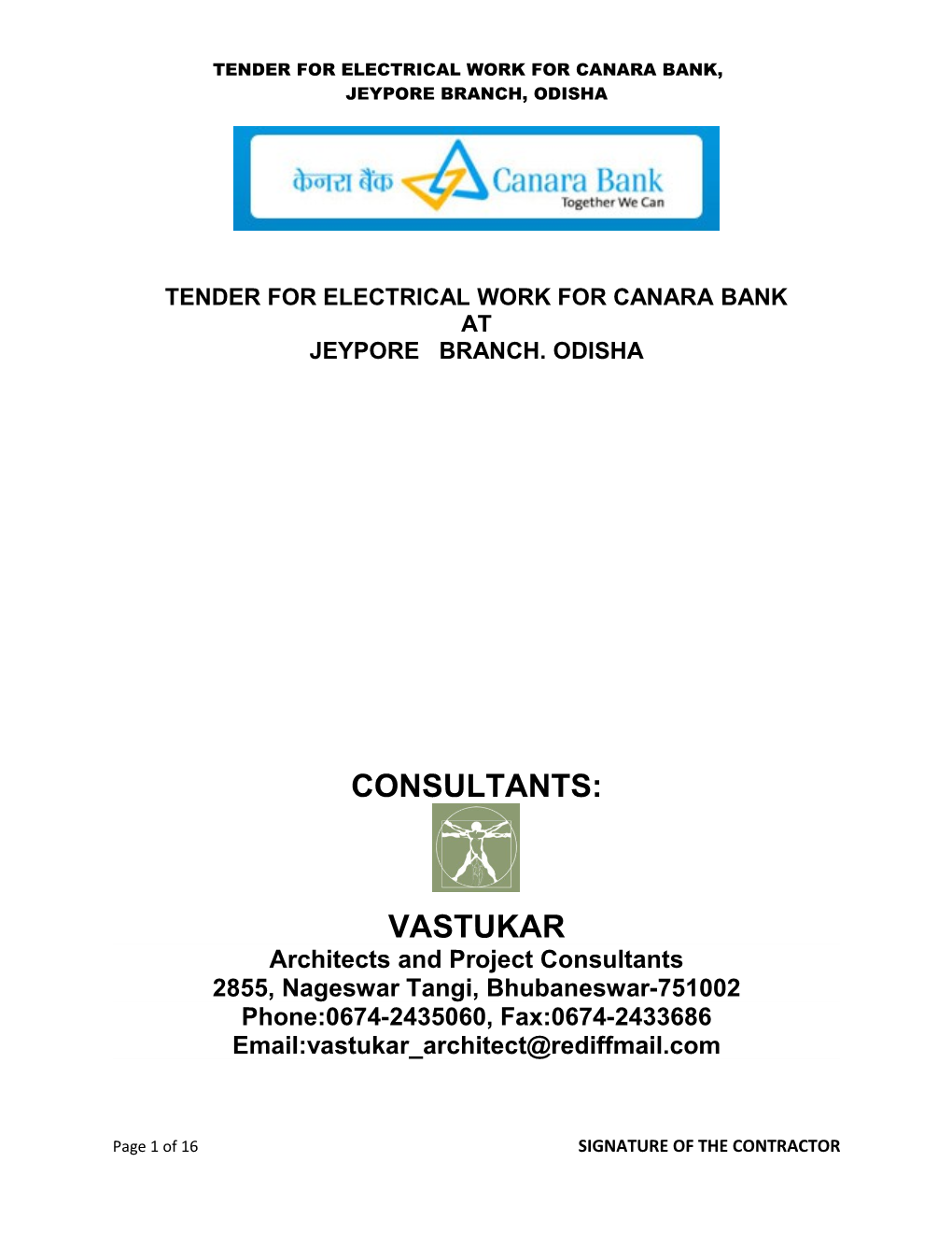 Tender for Electrical Work for Canara Bank