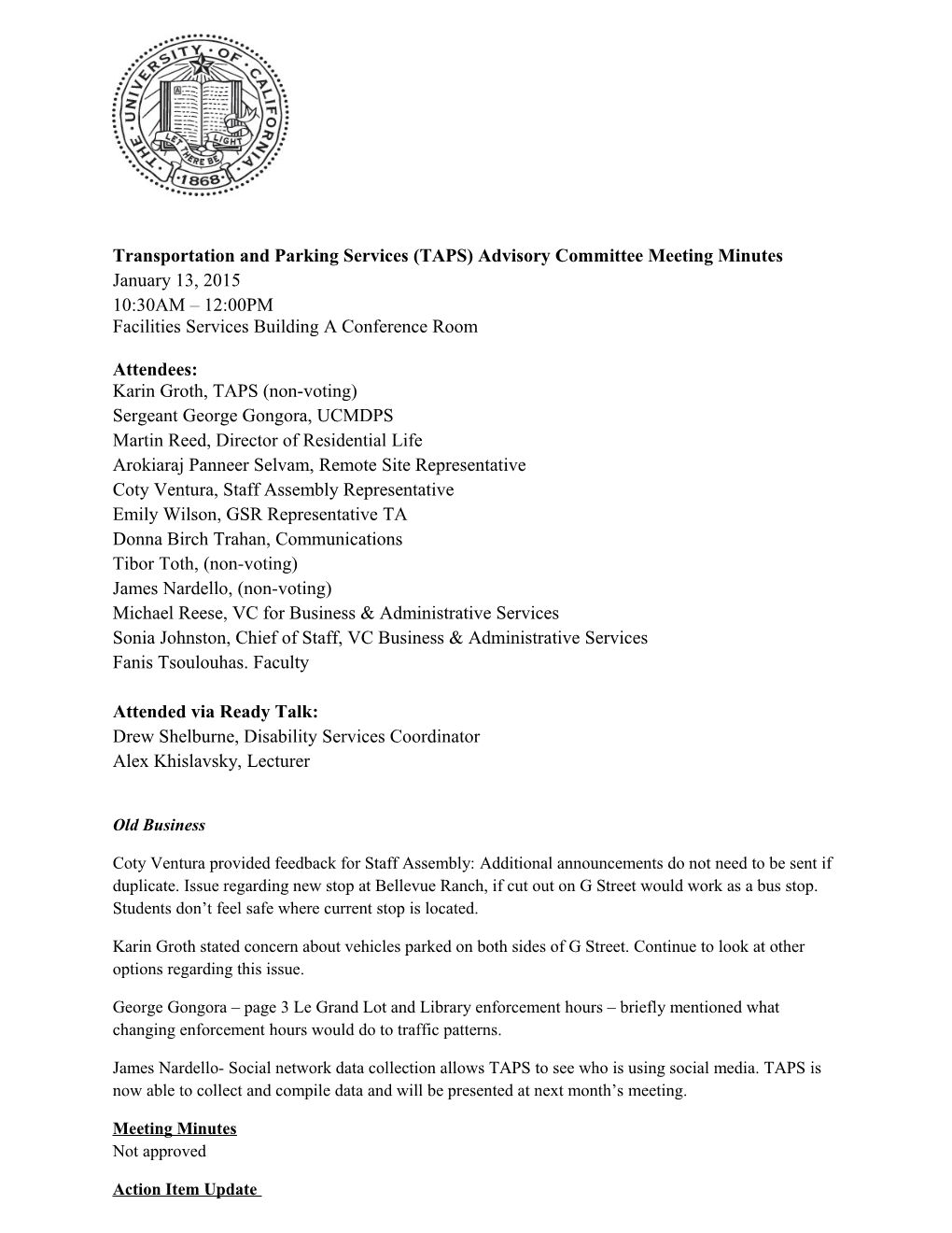 Transportation and Parking Services (TAPS) Advisory Committee Meeting Minutes