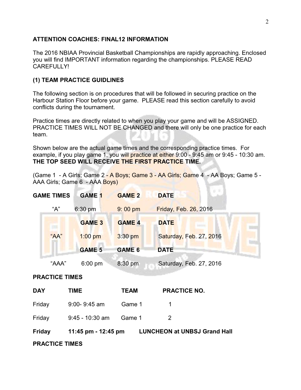Attention Coaches: Final 12 Information, Please Read Carefully