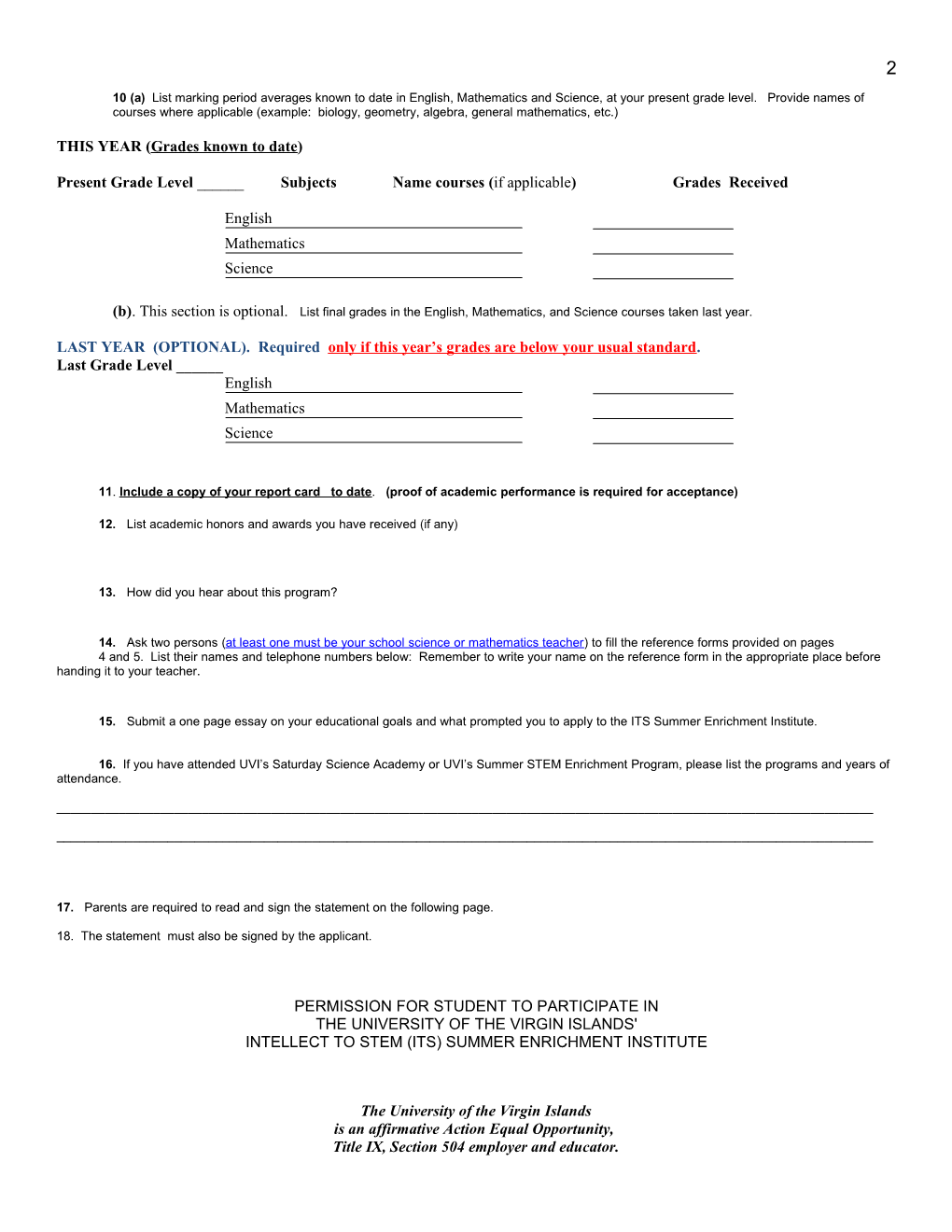 ITS SUMMER 2013 ENRICHMENT INSTITUTE Application in MS Word Format