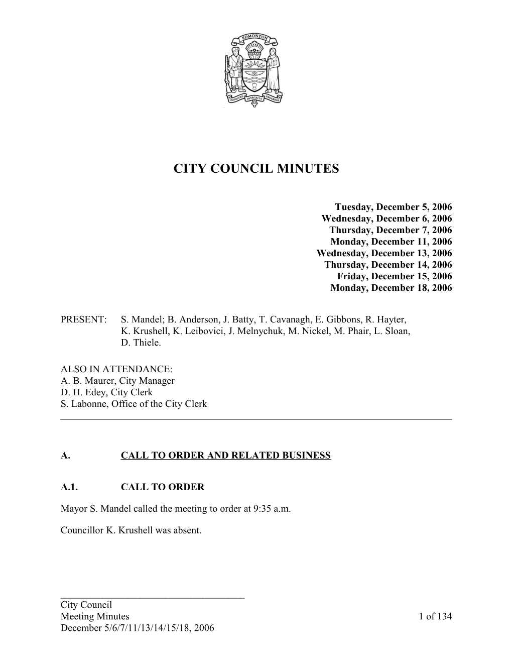 Minutes for City Council December 5, 2006 Meeting