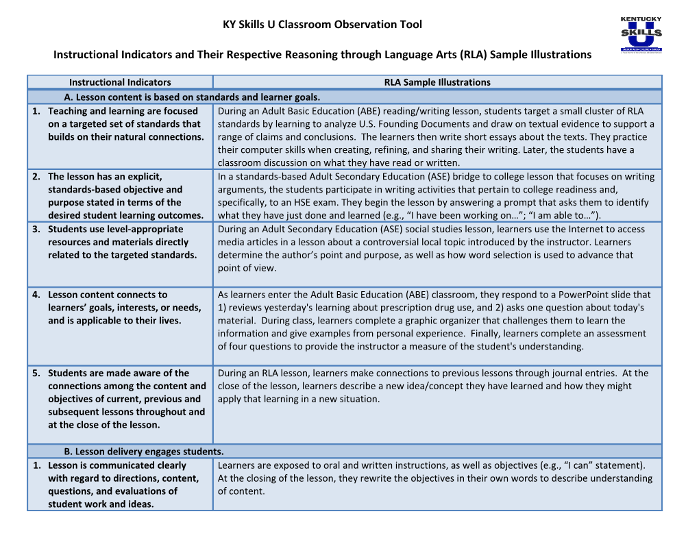 Instructional Indicators and Their Respective Reasoning Through Language Arts(RLA) Sample