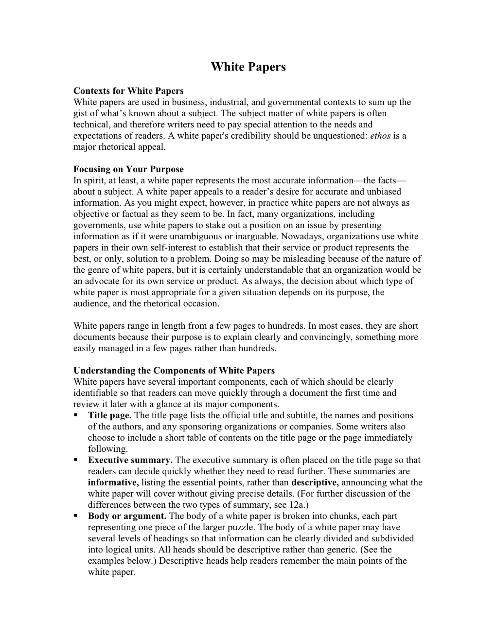 Contexts for White Papers