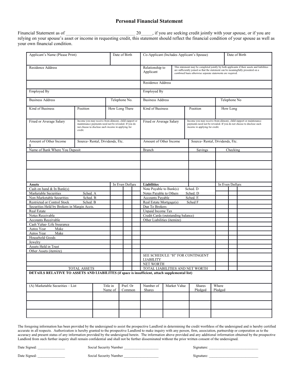 Developers Diversified Realty Corporation / Personal Financial Statement