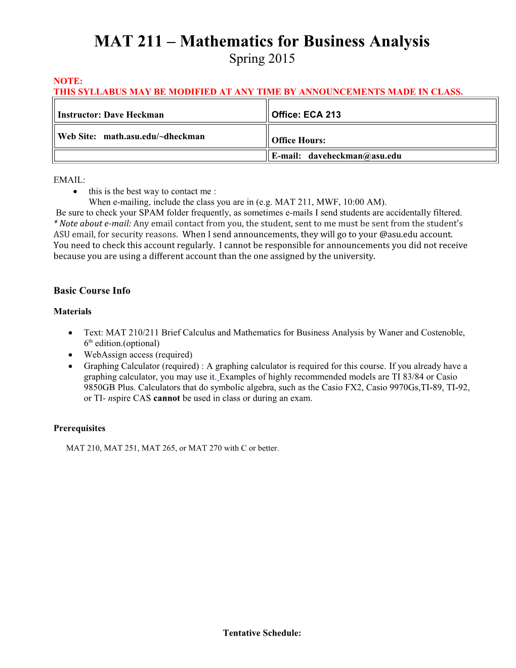 Syllabus for MAT 211 Spring2014