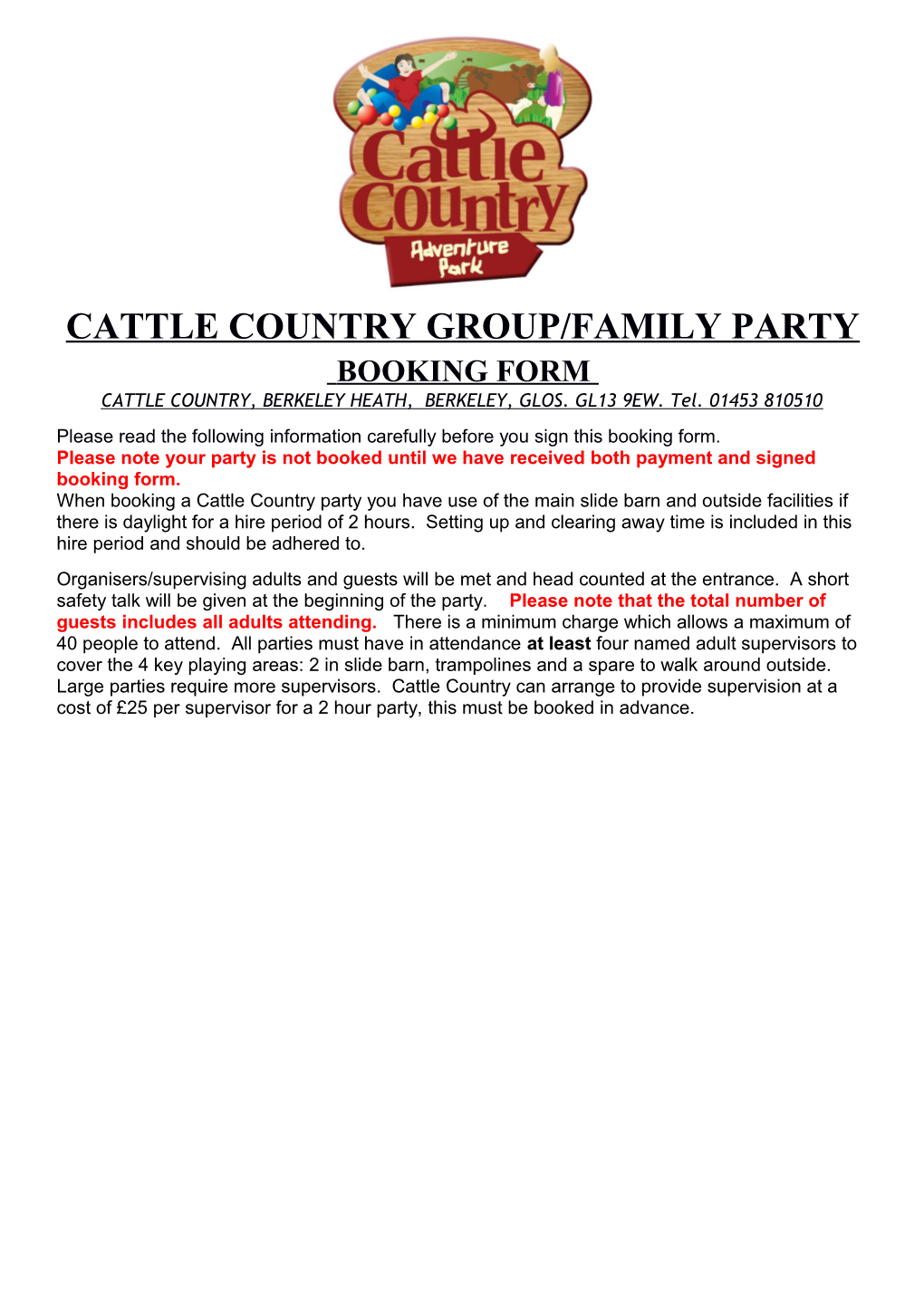 Cattle Country Party Booking Form