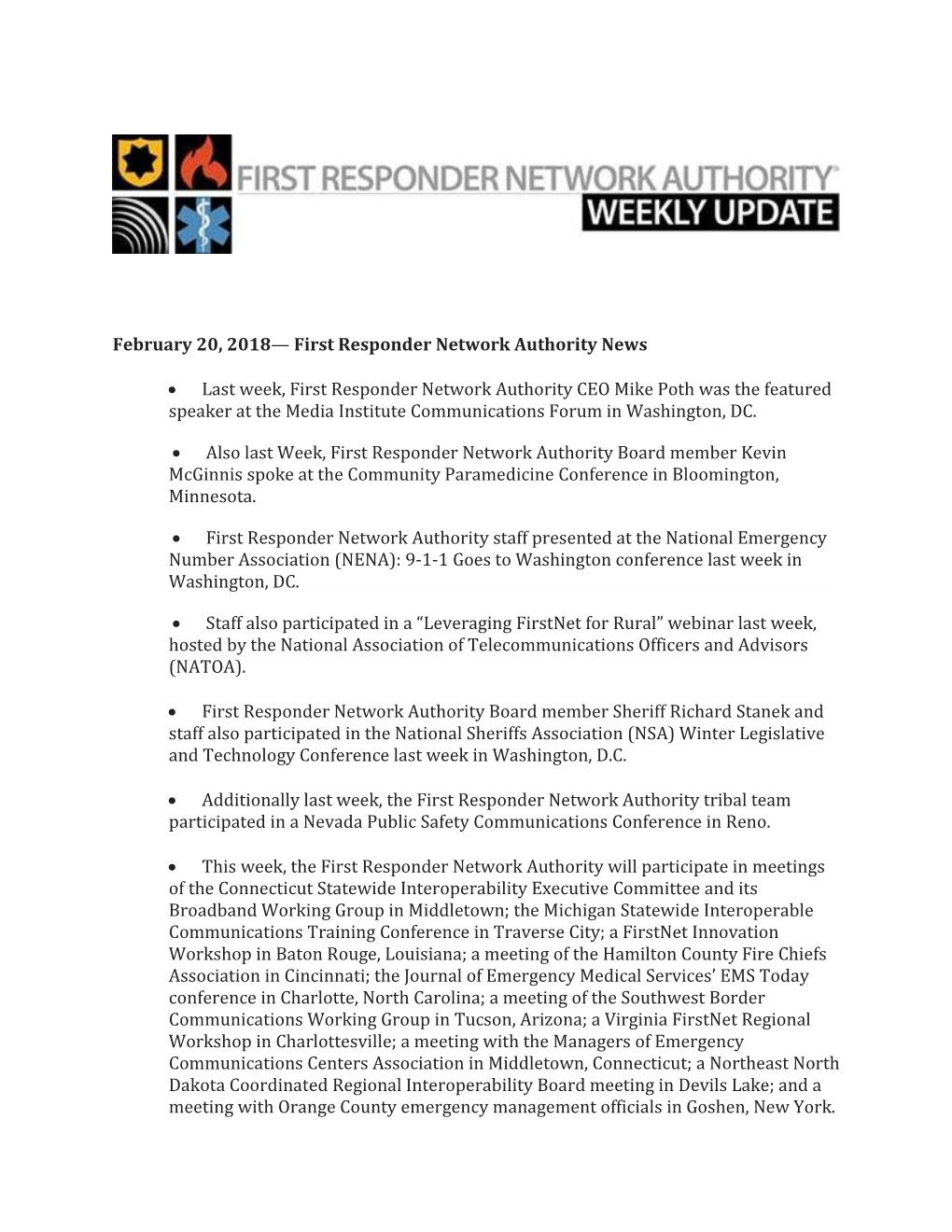 February 20, 2018 First Responder Network Authority News