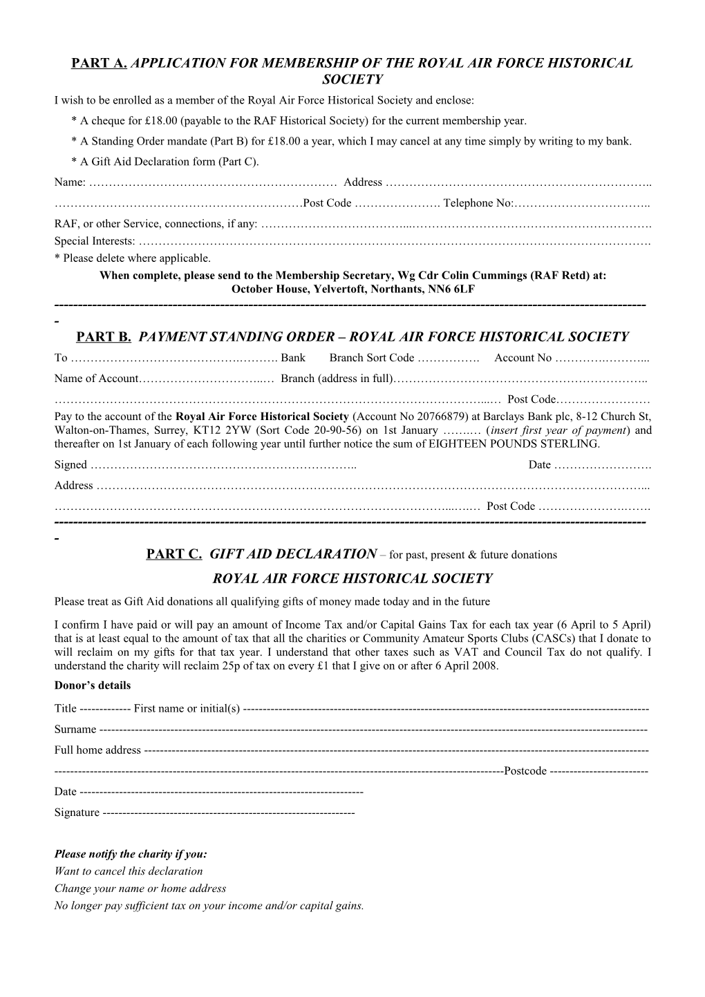 Part A. Application for Membership of the Royal Air Force Historical Society