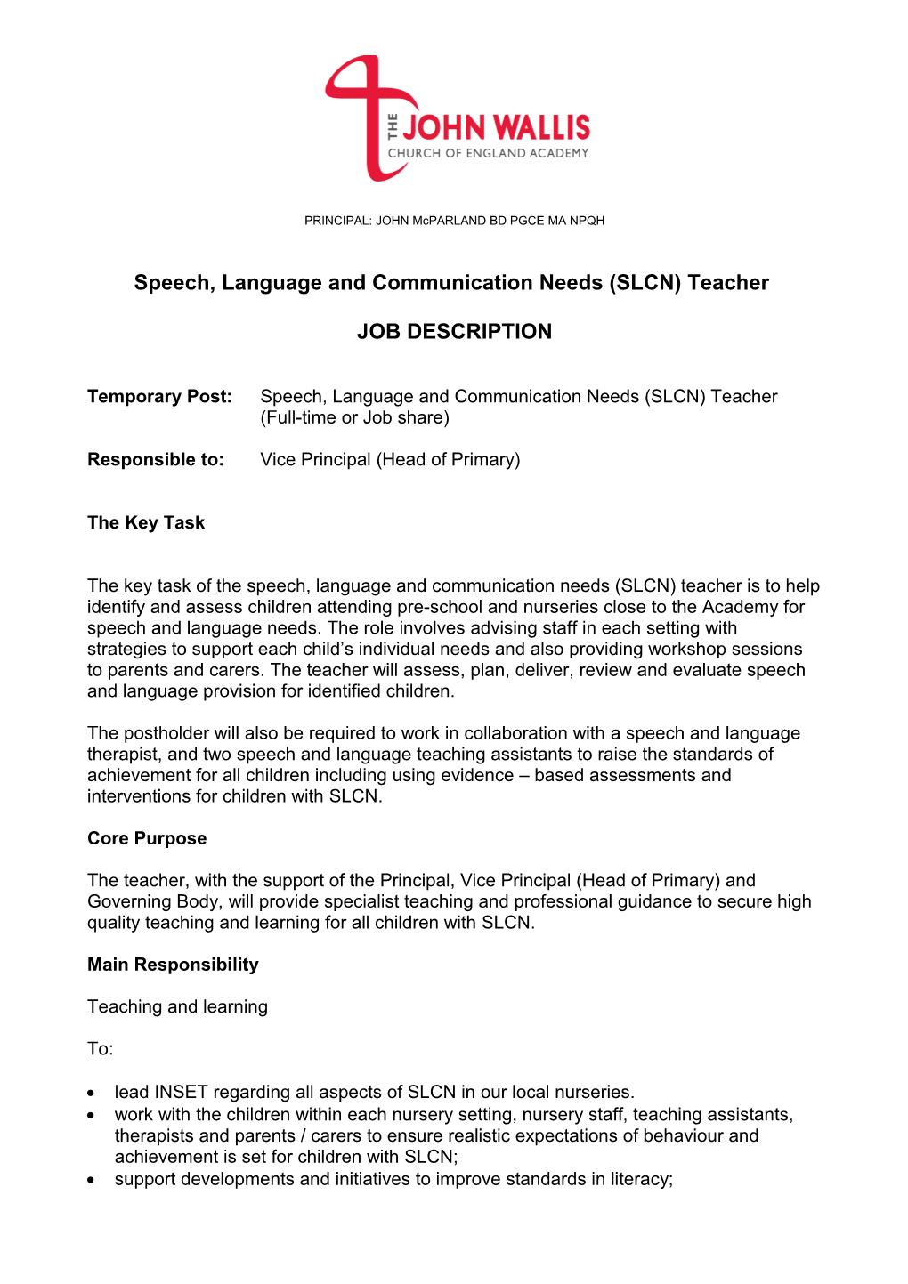 Speech, Language and Communication Needs (SLCN) Teacher