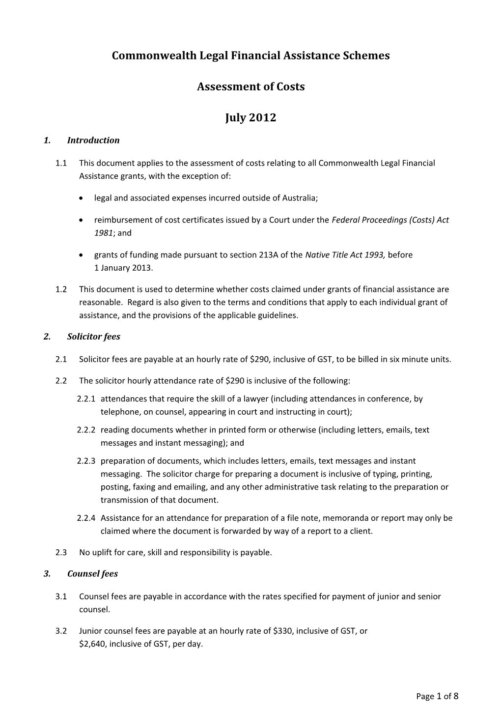 Assessment of Costs - Commonwealth Financial Assistance - Draft