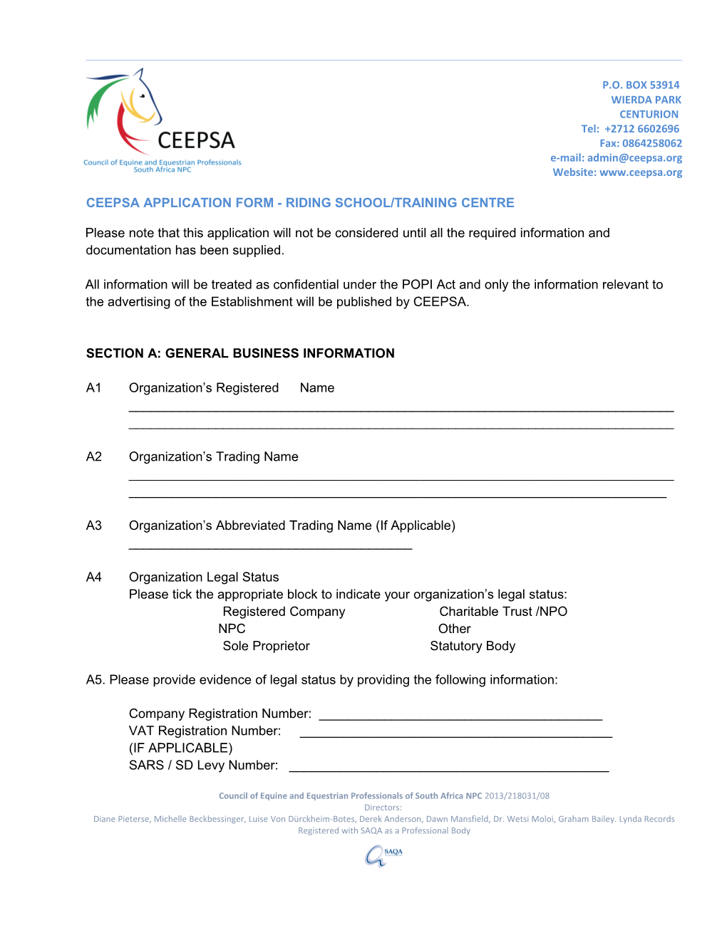 Ceepsa Application Form - Riding School/Training Centre