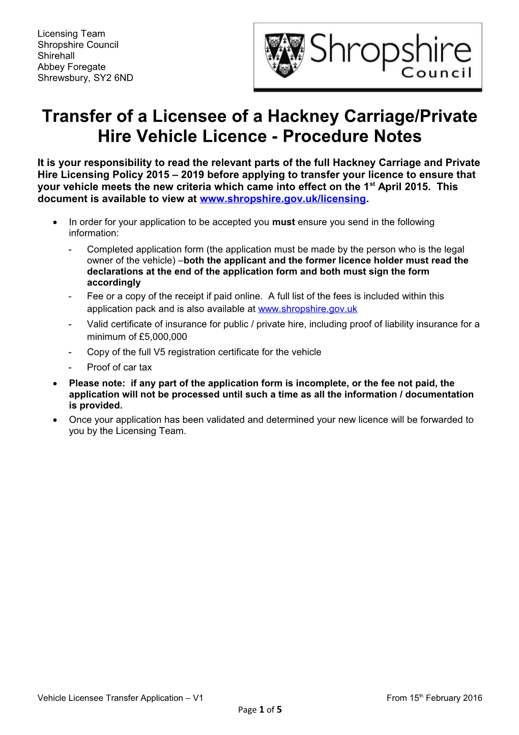 Transfer of a Licensee of a Hackney Carriage/Private Hire Vehicle Licence - Procedure Notes