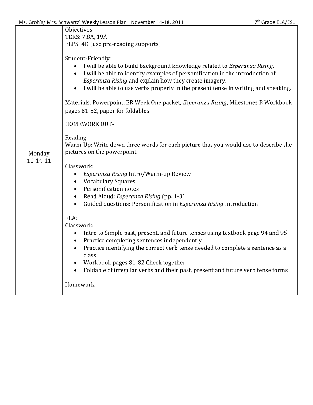 Ms. Groh S/ Mrs. Schwartz Weekly Lesson Plan November 14-18, 20117Th Grade ELA/ESL