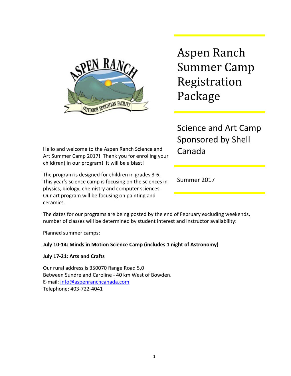 Aspen Ranch Summer Camp Registration Package