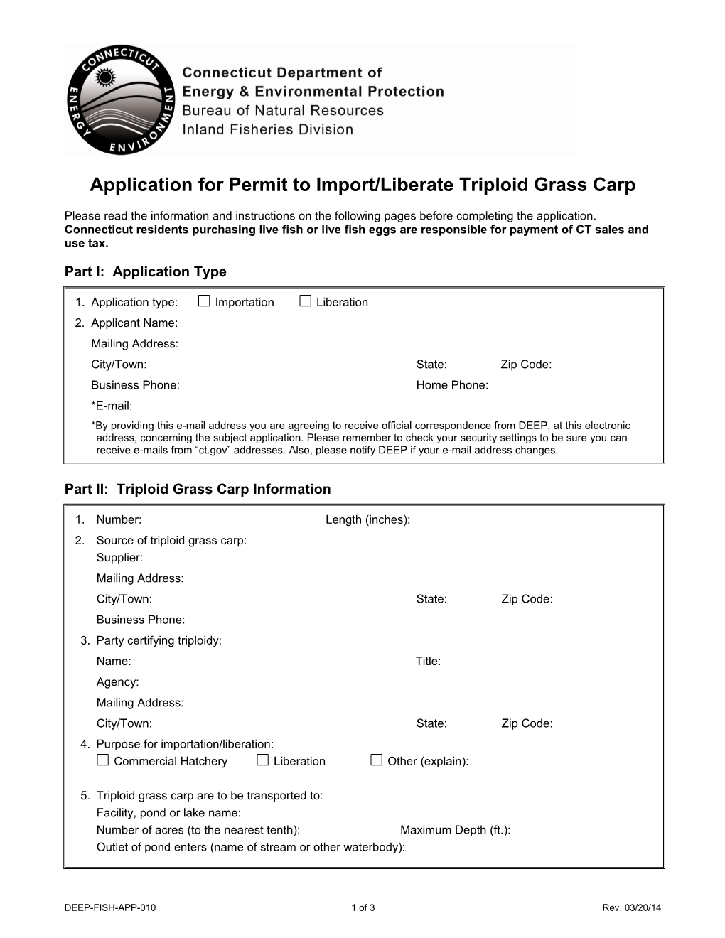 Application for Permit to Import/Liberate Triploid Grass Carp